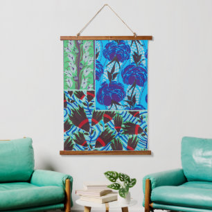 Tapisserie Suspendue Art floral bleu et vert maximaliste vibrant