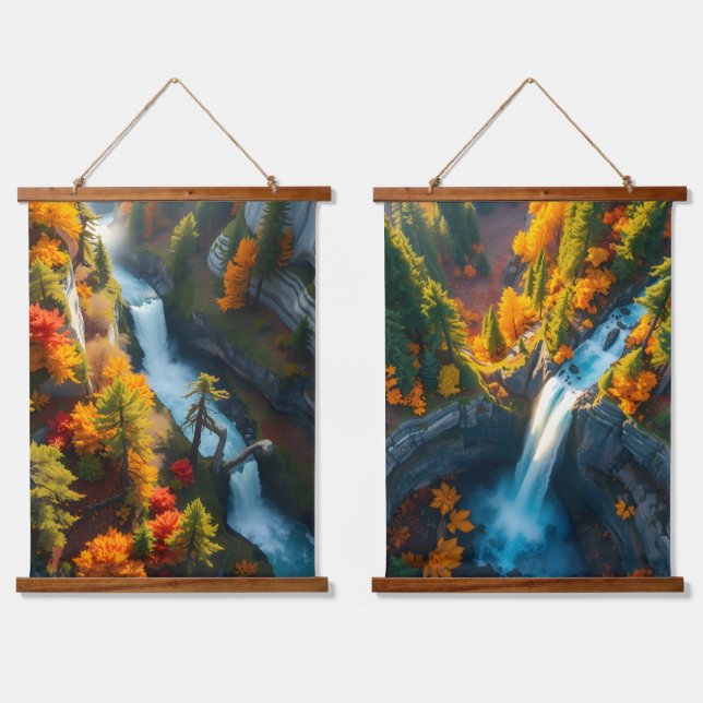 Tapisserie Suspendue Autumn Canyon Waterfall – Vibrant Fall Forest Land (Double)