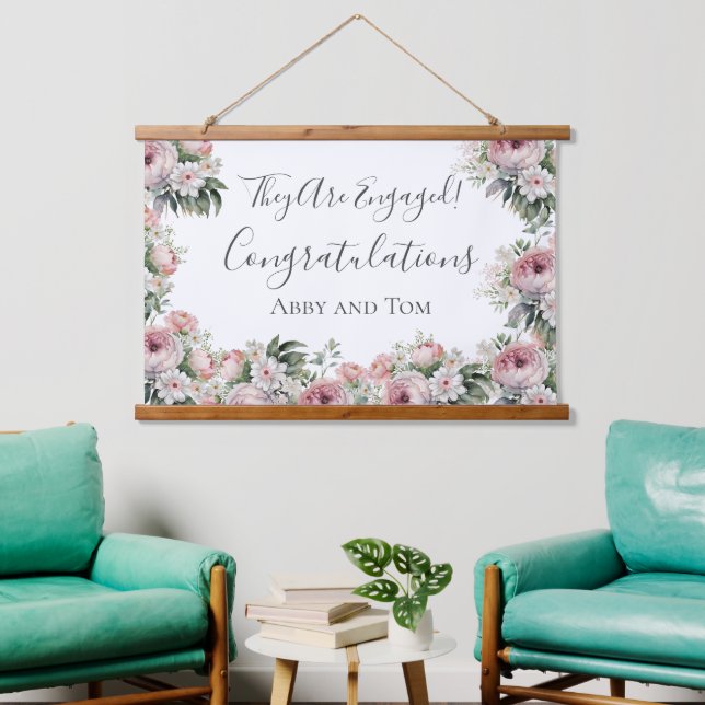 Tapisserie Suspendue Bannière de fiançailles élégante florale rose et b (Salon)