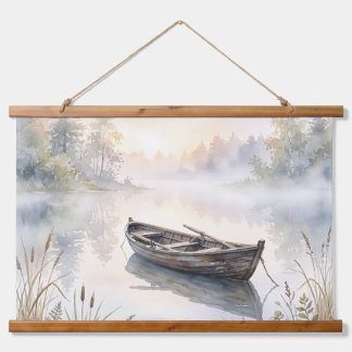Tapisserie Suspendue Bateau à rames aquarelle serein sur un lac brumeux