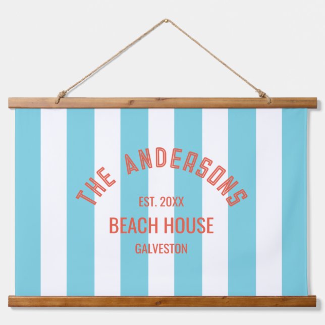 Tapisserie Suspendue Beach House Nom de famille Blue Cabana Stripe (Devant)