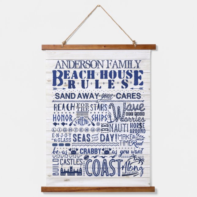 Tapisserie Suspendue Beach House Rules Blue Coastal Famille personnalis (Recto)