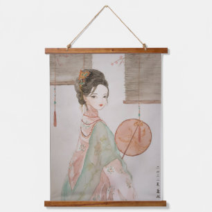 Tapisserie Suspendue Beauté asiatique Peinture Vintage d'encre murale