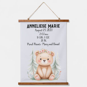 Tapisserie Suspendue Bébé personnalisé Ours de naissance Statistiques F