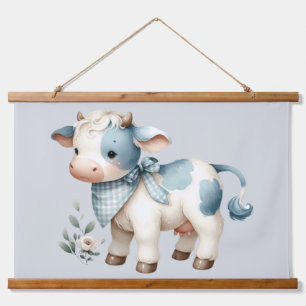 Tapisserie Suspendue Bébé Vache Gingham Bleu Pastel Esthétique Ferme