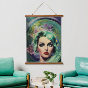 Tapisserie Suspendue Belle Lavande & Green Retro Style Space Woman