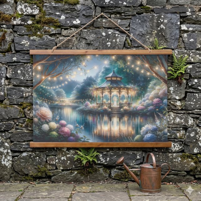 Tapisserie Suspendue Belvédère du jardin enchanté, reflet du crépuscule (Enchanted Garden Gazebo Twilight Reflection Hanging Tapestry On Stone Garden Wall)