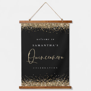 Tapisserie Suspendue Bienvenue Quinceanera Gold Parties scintillant Nom