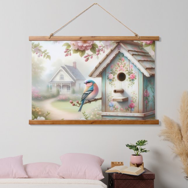 Tapisserie Suspendue Birdhouse Printemps Avec Fleurs Pastel Et Oiseaux (Chambre à coucher)