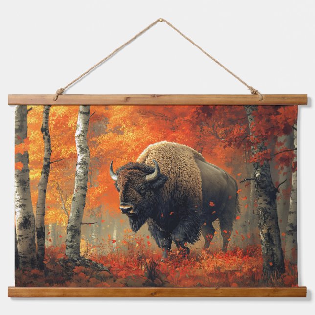 Tapisserie Suspendue Bison dans l'artisanat boisé d'automne (Devant)