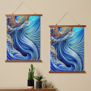 Tapisserie Suspendue Bleu avec or Abstrait Ocean Waves Artwork
