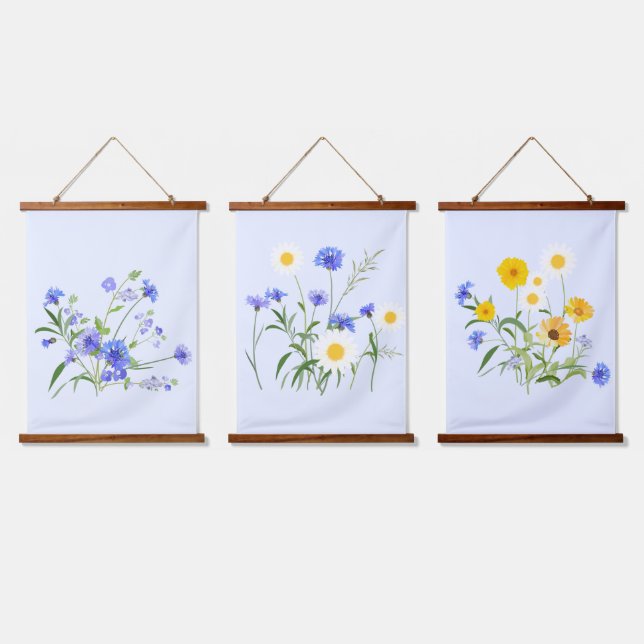 Tapisserie Suspendue Bleu botanique Blanc Jaune Fleur sauvage (Tripler)