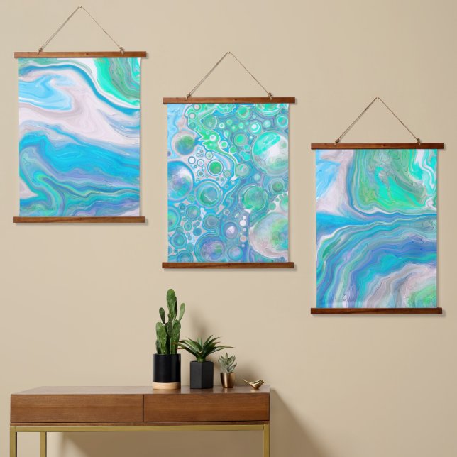 Tapisserie Suspendue Bleu de mer et bulles vertes et art océanique (Asymétrique)