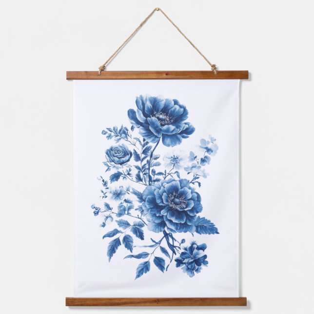 Tapisserie Suspendue Bleu Français Aquarelle Toile Chinoiserie Floral (Recto)