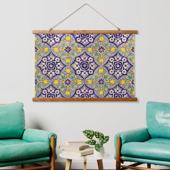 Tapisserie Suspendue Bleu Méditerranée Motif Fleurs Jaunes (Salon)