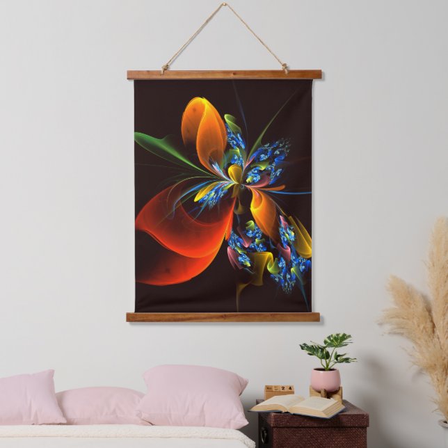 Tapisserie Suspendue Blue Orange Floral Moderne Art Abstrait Motif #03 (Chambre à coucher)