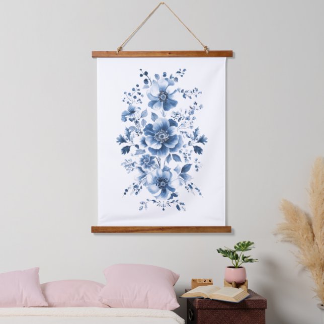 Tapisserie Suspendue Blue Toile Regency Chinoiserie Aquarelle Floral (Chambre à coucher)