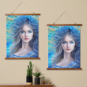 Tapisserie Suspendue Blue Wavy Imaginaire cheveux fille Abstrait Art