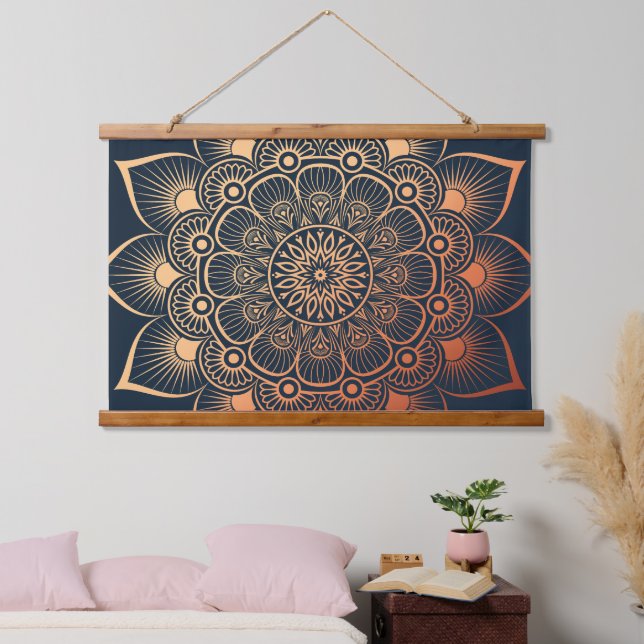 Tapisserie Suspendue Boho marine Blue Peach Mandala Bois taché (Chambre à coucher)