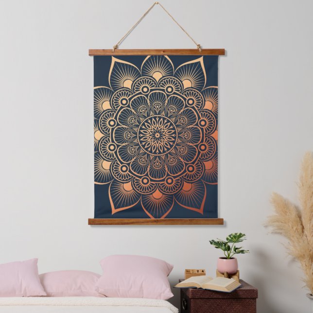 Tapisserie Suspendue Boho Navy Blue Peach Mandala Wood Tourné (Chambre à coucher)