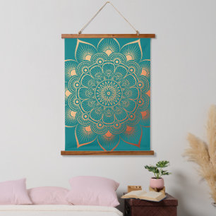 Tapisserie Suspendue Boho Peach Turquoise Mandala Bois haché