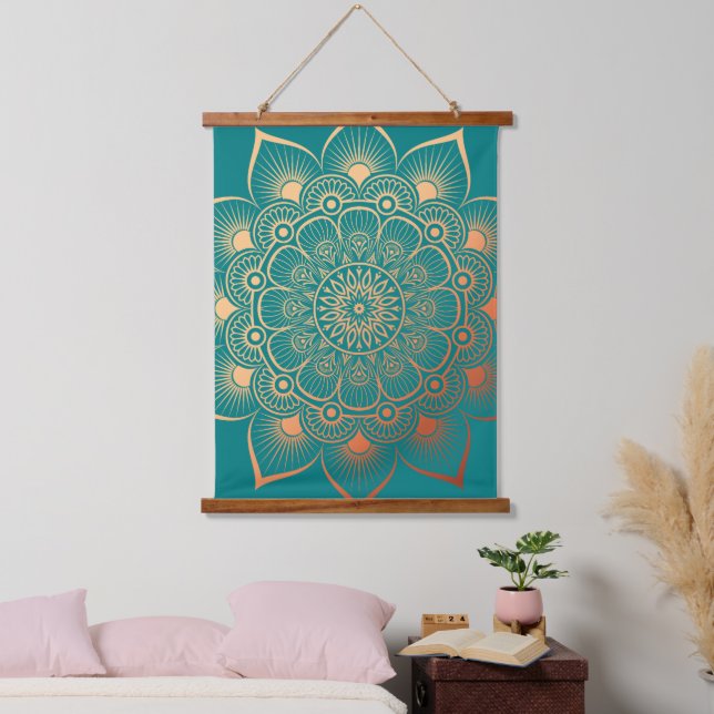 Tapisserie Suspendue Boho Peach Turquoise Mandala Bois haché (Chambre à coucher)