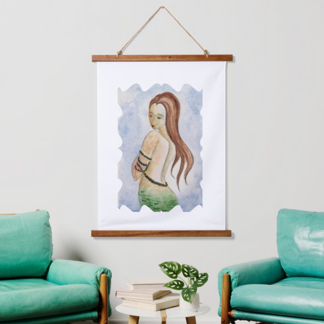 Tapisserie Suspendue Boho Sirène Aquarelle Bois Tourné (Salon)
