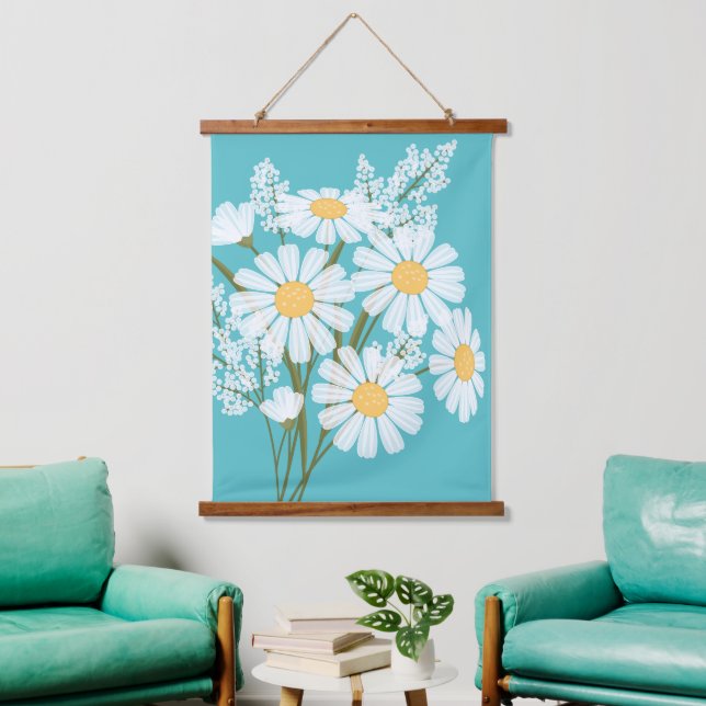 Tapisserie Suspendue Bouquet de fleurs de marguerite blanche sur Turquo (Salon)