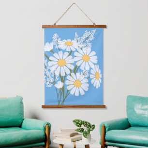 Tapisserie Suspendue Bouquet de fleurs marguerites blanches sur bleu
