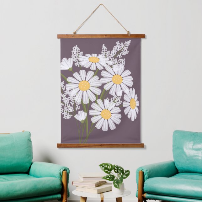Tapisserie Suspendue Bouquet de fleurs marguerites blanches sur violet  (Salon)