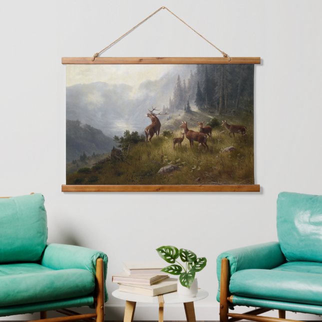 Tapisserie Suspendue Buck & Doe Deer Herd Dans Le Paysage Forestier Art (Salon)