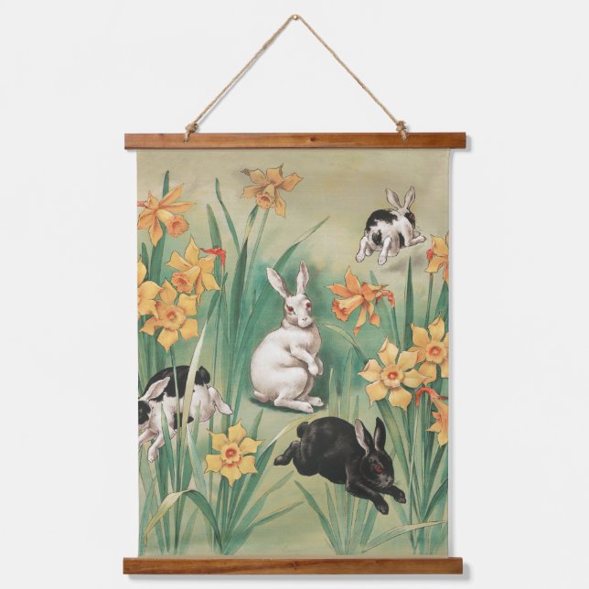 Tapisserie Suspendue Bunnies mignons aux fleurs de jonquille Antique Pâ (Recto)