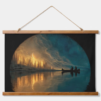 Tapisserie Suspendue Canoë et lune de croissant sur un lac