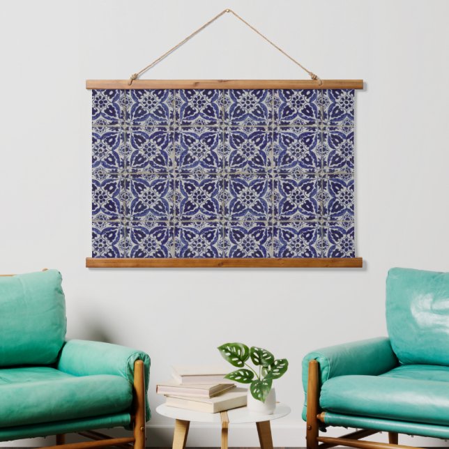 Tapisserie Suspendue Carrelage italien rustique Azulejo bleu blanc géom (Salon)
