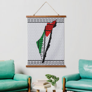 Tapisserie Suspendue Carte de Palestine avec drapeau et Motif Keffiyeg