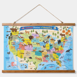 Tapisserie Suspendue Carte des animaux américains pour le mur des enfan