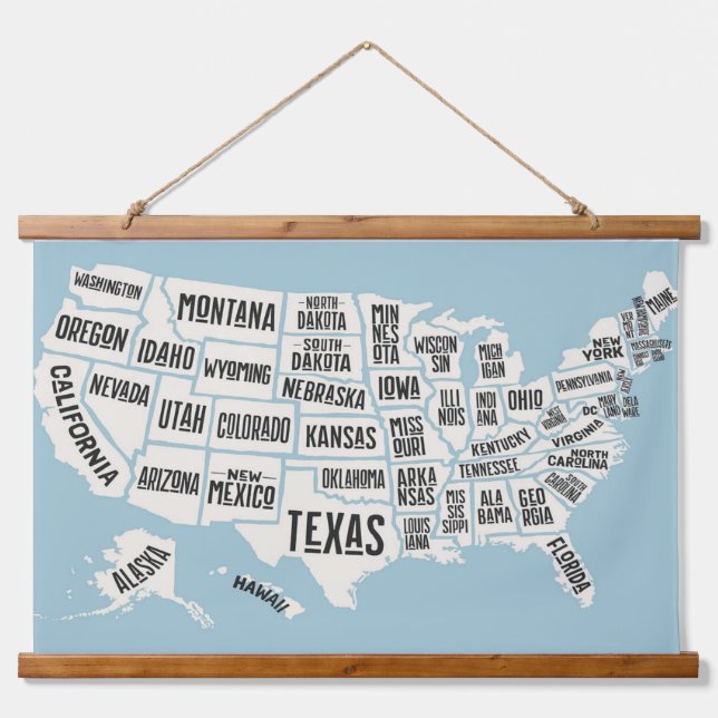 Tapisserie Suspendue Carte des États-Unis avec nom d'État Mur (Devant)