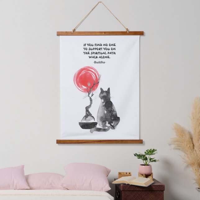 Tapisserie Suspendue Chat avec Bonsai et Citation Bouddha (Chambre à coucher)