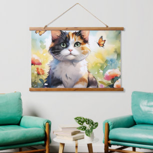 Tapisserie Suspendue Chat calico dans un jardin printanier avec papillo