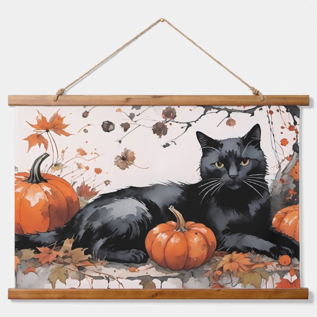 Tapisserie Suspendue Chat noir d'automne avec Citrouille (Devant)