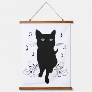 Tapisserie Suspendue Chat noir entouré de notes de musique chuchotantes