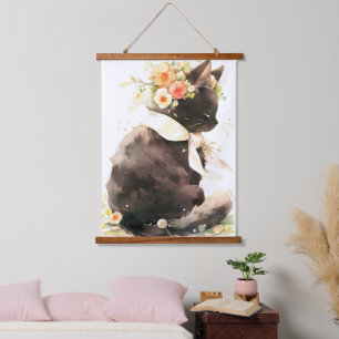 Tapisserie Suspendue Chat noir portant une couronne de fleurs