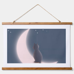 Tapisserie Suspendue Chat noir rêveur sur croissant de lune suspension