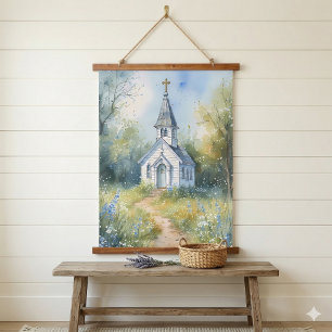 Tapisserie Suspendue Chemin rustique d'église dans une prairie de fleur