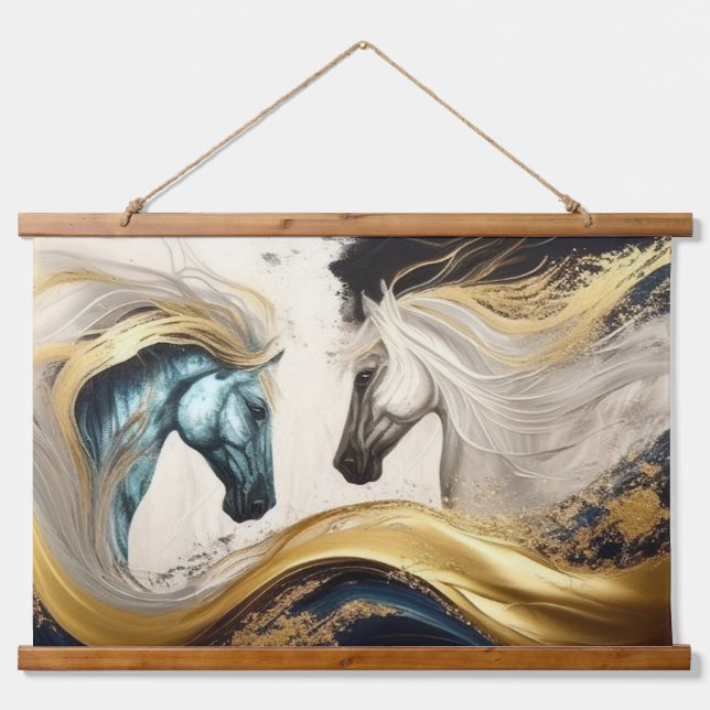 Tapisserie Suspendue Chevaux Turquoises d'or Abstrait peinture moderne  (Devant)