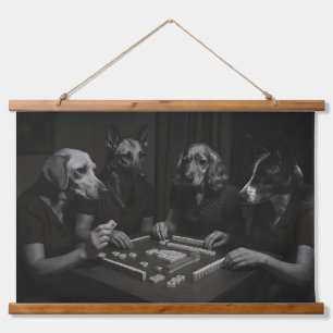 Tapisserie Suspendue Chiens noirs et blancs jouant au Mahjong