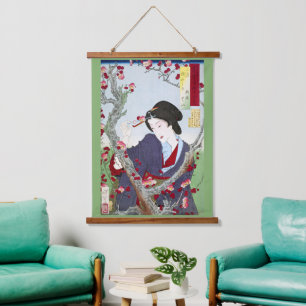 Tapisserie Suspendue Chinoiserie Dame japonaise et fleur de cerisier ro