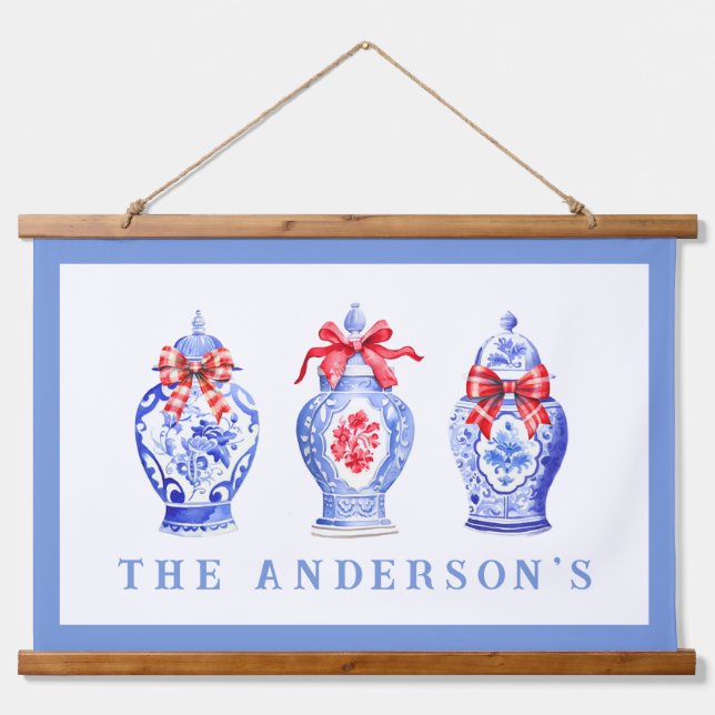 Tapisserie Suspendue Chinoiserie Ginger Jar Avec Bow Rouge | Noël (Devant)