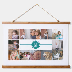 Tapisserie Suspendue Collage photo de 12 photos turquoise monogramme bl