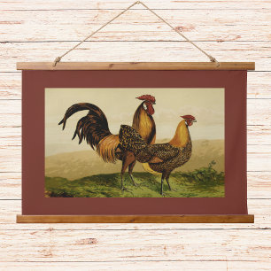 Tapisserie Suspendue Coqs Poules Hambourg à Plumage Doré sur Ferme Roug